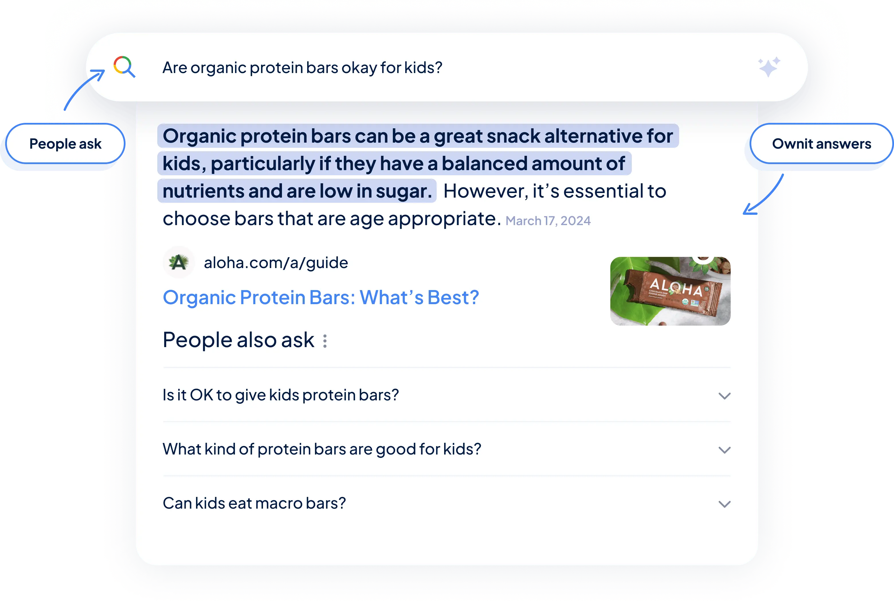a screenshot of a google search result asking if organic protein bars are okay for kids