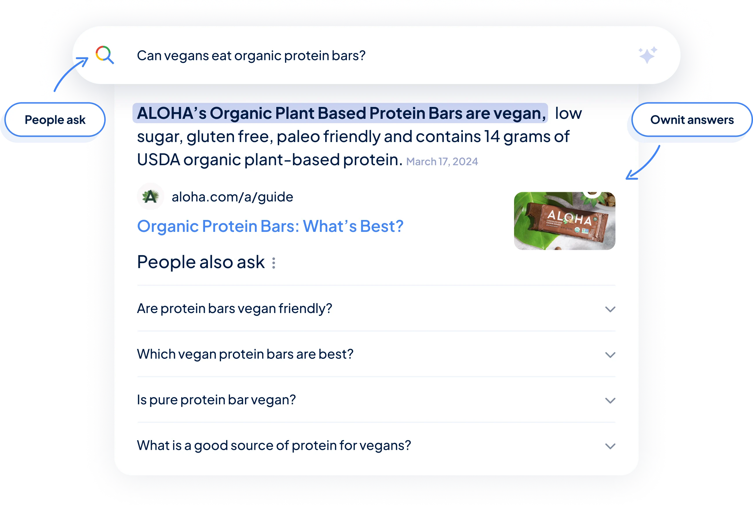 a screenshot of a google search result that says can vegans eat organic protein bars